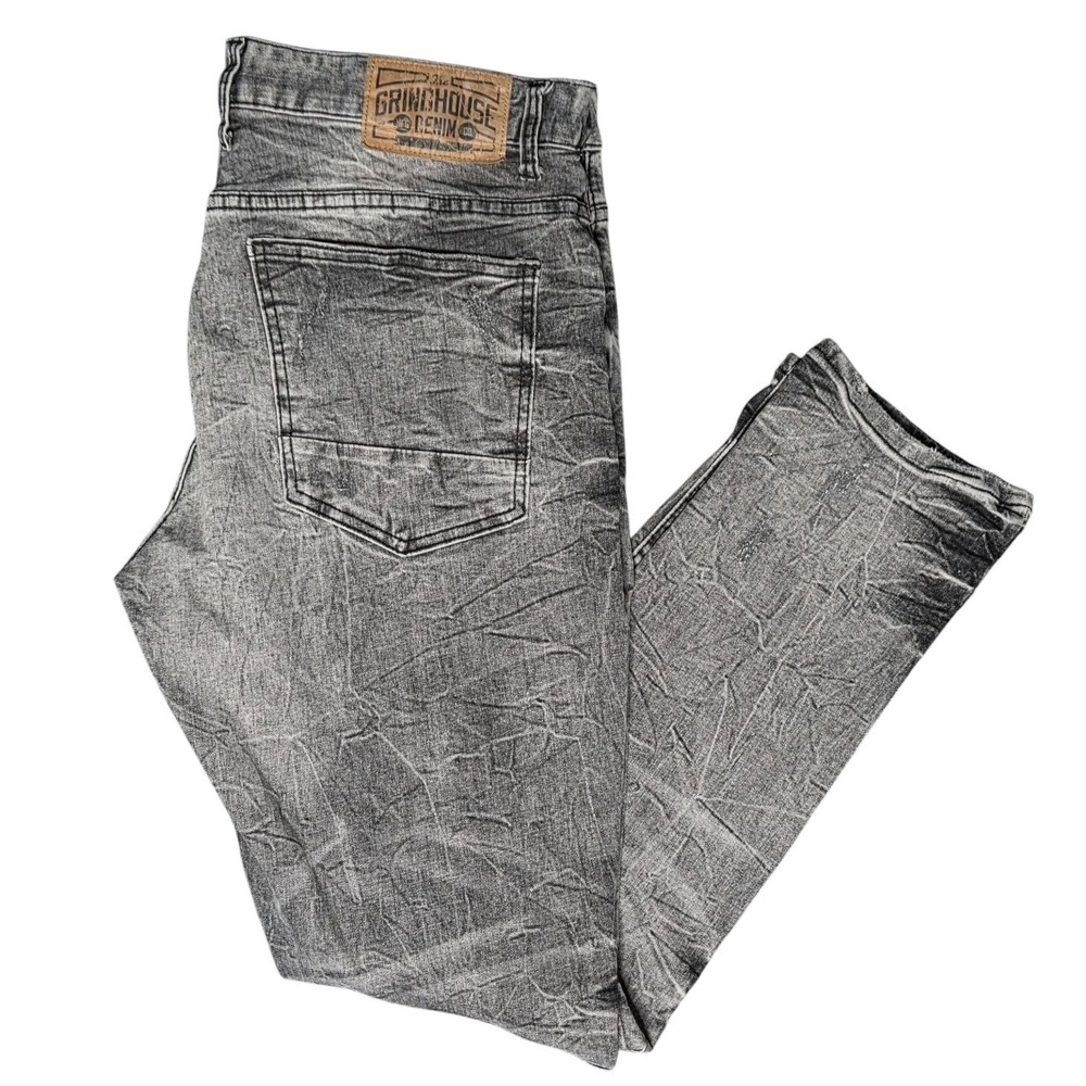 Grindhouse Denim Mens 36x30 Acid Wash Grey Distressed Moto Slim‎ Fit Jeans
